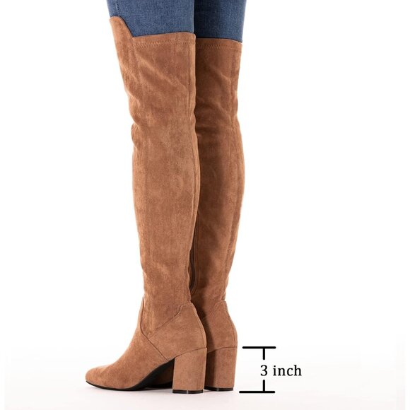 Women Brown/3 Inch Heel Faux Suede Over The Knee Thigh High Low Block Heel Boot - Picture 3 of 5